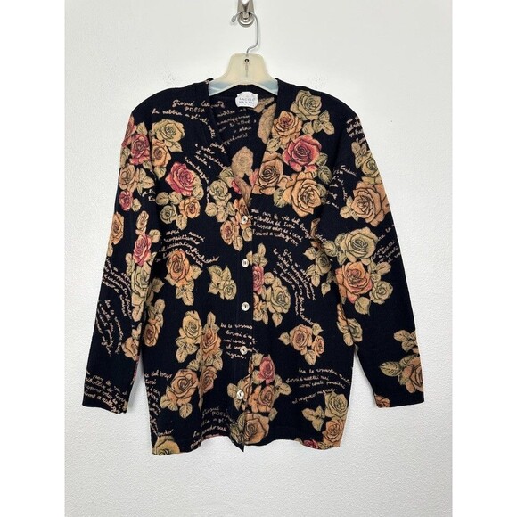 Angelo Marani Rose Graphic Cardigan Sweater Made in Italy Black Women's Medium - Picture 1 of 10